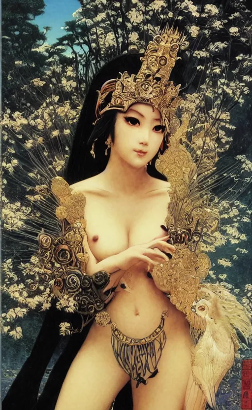 Prompt: a queen in a black funeral dress, japanese art, oil painting, by bruce pennington, by otomo, by amano, by bouguereau, by gustave moreau