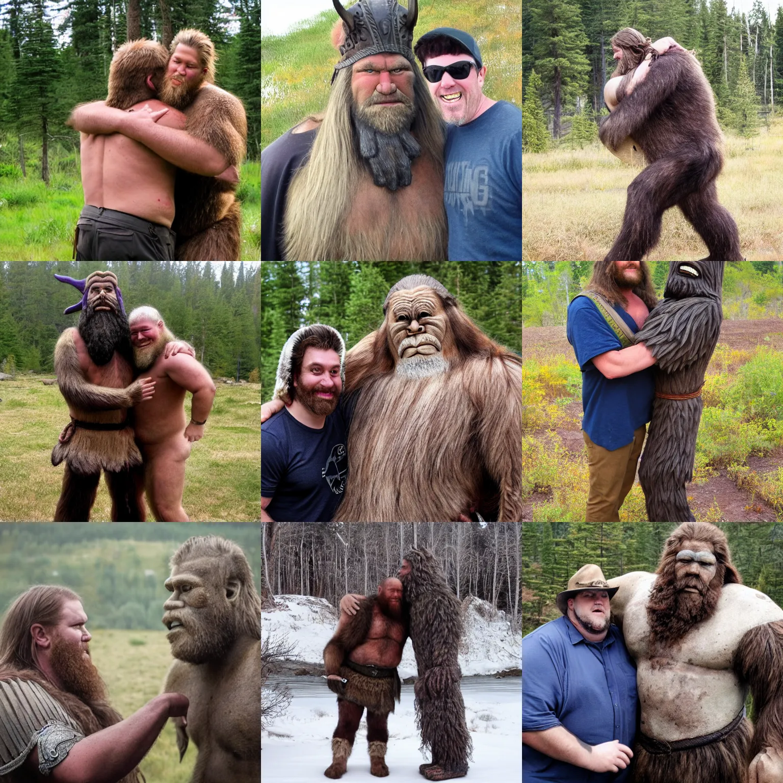 Prompt: a viking and a bigfoot hugging