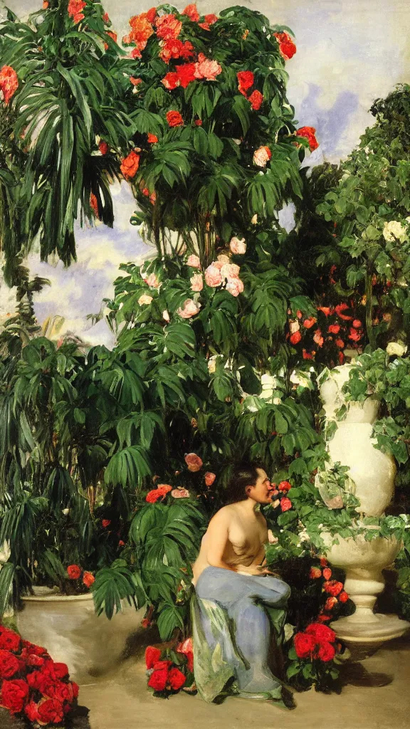 Image similar to rebekah delrio in a botanical room set near a persian pot fulk of red roses and palm treeby john singer sargent