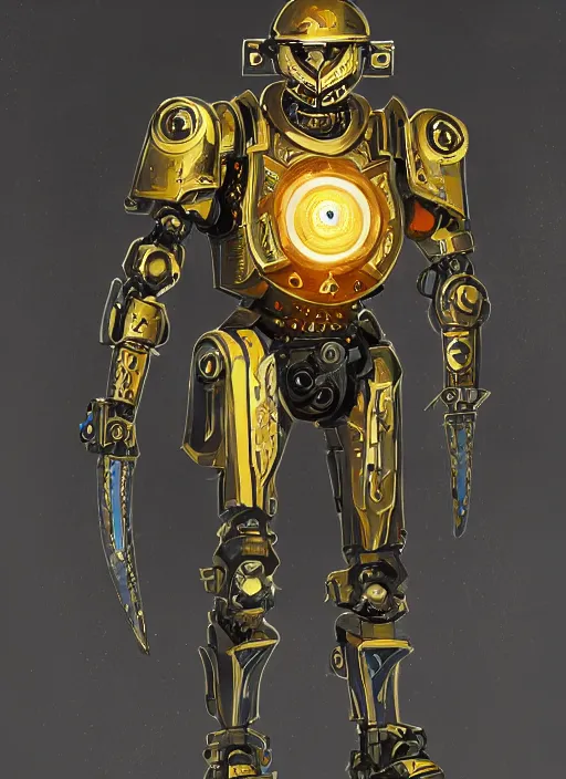 Prompt: full body, dynamic attack position abstract portrait of a intricate glorious holy mechanical warforged with circular glowing eye, character in yellow armor holding a paladin engraved great longsword drawn and carrying a big paladin shield, vertically flat head, face in focus, pit droid, epic , trending on ArtStation, masterpiece, cinematic lighting, by Ross Tran and by Greg Rutkowski