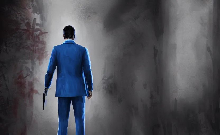 Prompt: cinematic view from behind a dead by daylight killer lawyer wearing a blue business suit, character portrait, digital art