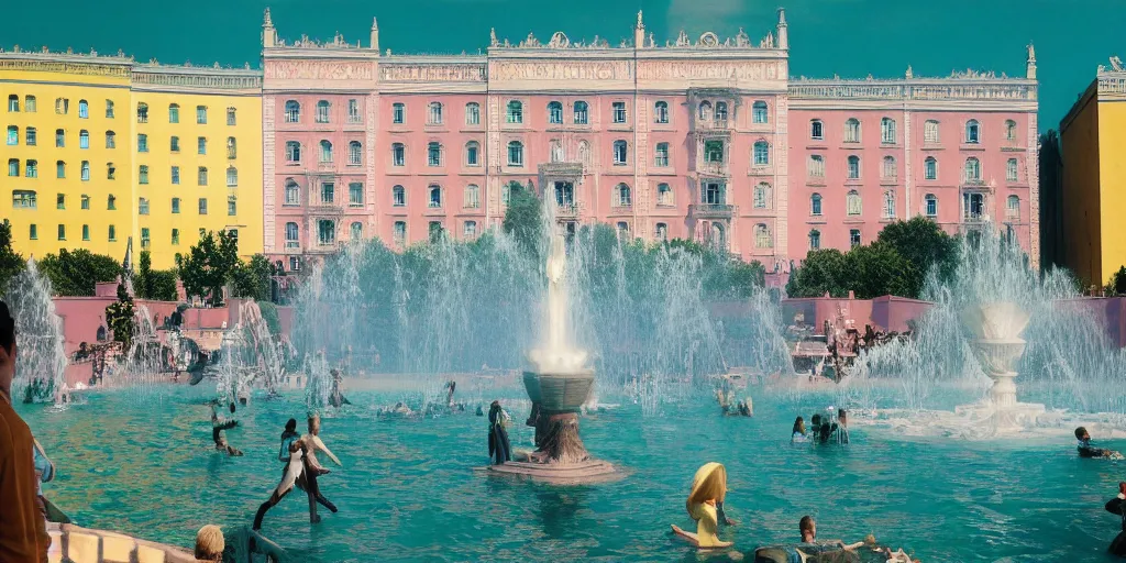 Prompt: a very high resolution image from a new movie, upside - down building and fountain, beautiful scenery, photorealistic, photography, directed by wes anderson