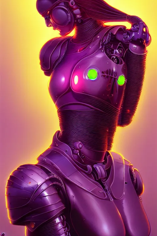 Image similar to portrait of a cyborg girl with a ribbed biomechanic armor and neon light, illustrated by Michael Whelan , digital painting, highly detailed, trending on artstation