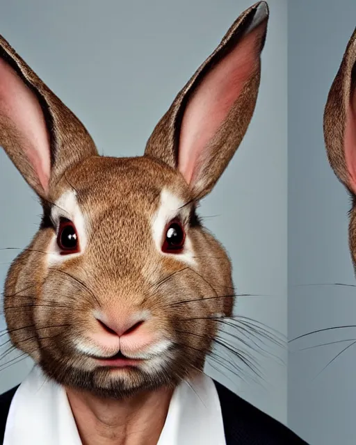 Prompt: headshot of vladimir putin sitting in a makeup chair wearing highly detailed rabbit makeup in the style of rick baker, studio lighting, soft focus