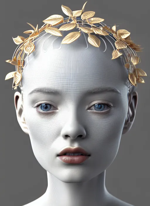 Image similar to complex 3d render ultra detailed of a beautiful porcelain profile woman face, mechanical cyborg, 150 mm, beautiful natural soft light, rim light, silver gold details, magnolia big leaves and stems, roots, fine foliage lace, maze like, mesh wire, intricate details, hyperrealistic, ultra detailed, mandelbrot fractal, anatomical, red lips, white metal neocubism armor, facial muscles, cable wires, microchip, elegant, octane render, H.R. Giger style, 8k