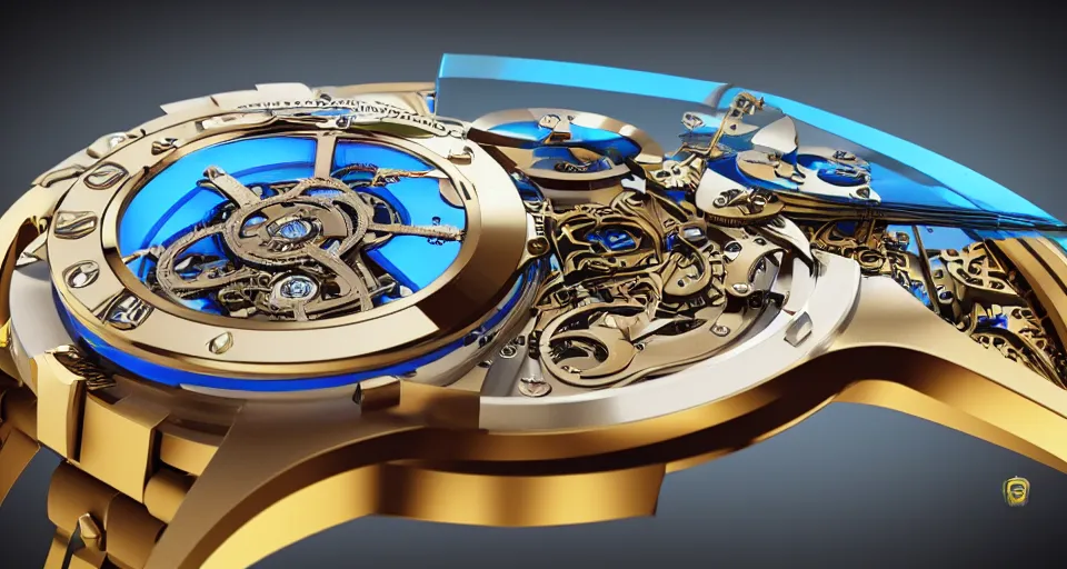 Image similar to complex 3 d render of a futuristic steampunk watch lying on a table, high detail, sharp focus, glowing blue interior components, fractal detail, depth of field, bokeh, cinematic lighting and composition, octane render, film grain, by syd mead, rolex, porsche