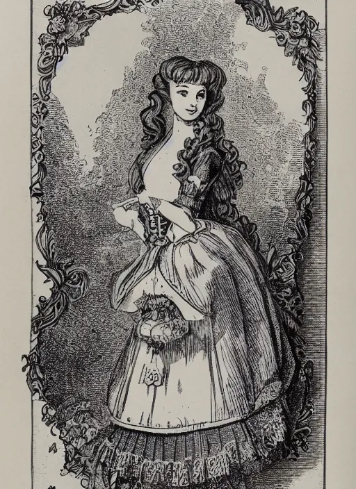 Prompt: A pen and ink illustration of portrait of alice in wonderland, ornate border around the side, 1800's style design