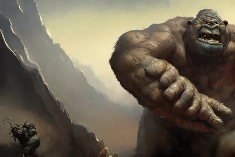 Image similar to close-up of a ogre feet, dirty nails, concept art in style of Greg Rutkowski, painted by Frank Frazetta, trending on artstation