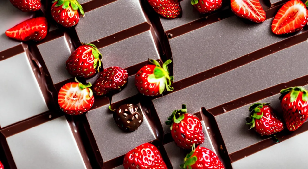 Prompt: A fancy chocolate bar on an opened silver wrapper, with one piece broken off, on a wooden tray, next to sliced strawberries, macro lens product photo