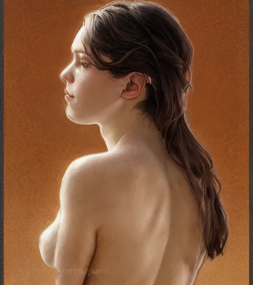 Image similar to portrait of a young woman, light freckles, soft features, muscular, half body, cloth, hazel eyes, short brown hair, thick eyebrows, back light, d & d, fantasy, intricate, highly detailed, digital painting, artstation, concept art, smooth, sharp focus, illustration, art by artgerm and greg rutkowski and alphonse mucha