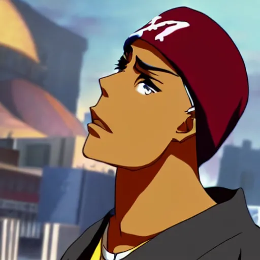 Image similar to Tupac Shakur, screenshot from a 2012s anime, anime