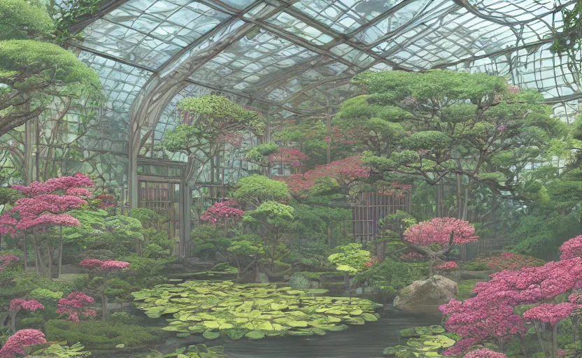 Image similar to japanese garden, forest, huge greenhouse, sunny bay window, indoor, architecture, highly detailed, digital painting, artstation, art nouveau, concept art, sharp focus, illustration