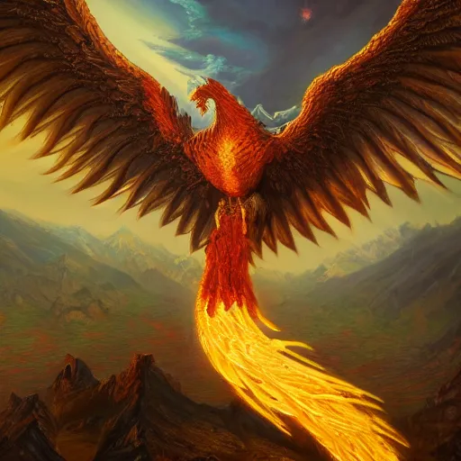 Prompt: Phoenix rising, hyperrealistic oil painting, super detailed, colorized, 4k, trending on Artstation, D&D, fantasy, raytracing, award winning, art by James C Christensen and Michael Hutter, spectacular lighting, octane rendered
