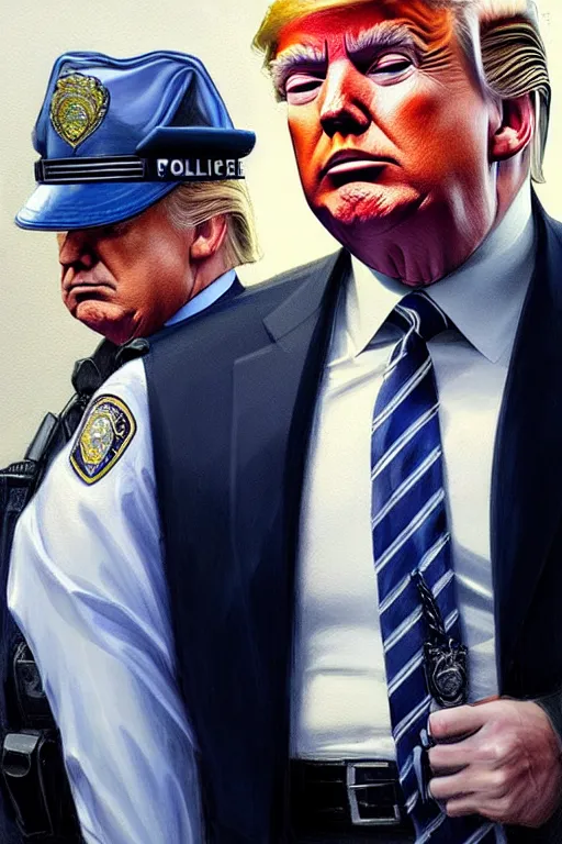 Image similar to donald trump being handcuffed by a police officer front of a police car, elegant, real life skin, intricate, high detailed, artstation, concept art, smooth, sharp focus, art by artgerm and greg rutkowski