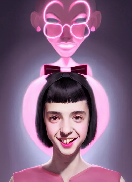 Image similar to portrait of high school girl, realistic, black hair, bangs, half updo hairstyle, pointy nose, skinny, smile, ugly, defined jawline, big chin, pink hair bow, earrings, intricate, elegant, glowing lights, highly detailed, digital painting, artstation, sharp focus, illustration, art by wlop, mars ravelo and greg rutkowski