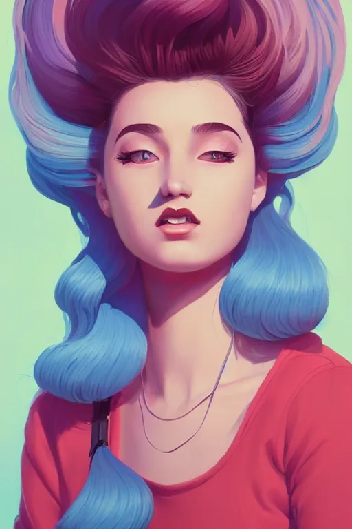 Image similar to portrait painting of a teenage girl with swept back wild blue hair, fashionable, windy, art deco, solid background color, sharp focus, award - winning, cinematic pose, cinematic lighting, trending on artstation, masterpiece, highly detailed, intricate. art by josan gonzales and moebius and deathburger