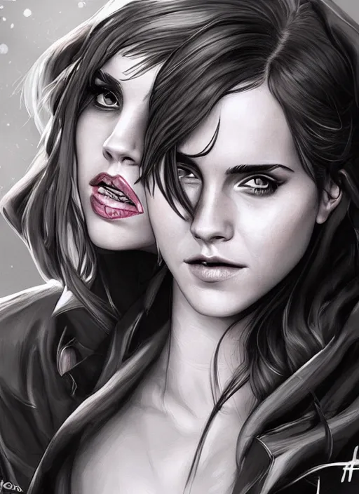 Image similar to An edgy illustration of Emma Watson licking the side of Jessica alba's face in the style of Artgerm, deviantart, artstation. digitial art