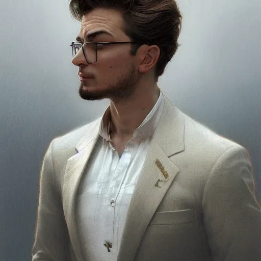 Prompt: portrait of a hairsuit man, cliffs, intricate, elegant, highly detailed, digital painting, artstation, concept art, smooth, sharp focus, illustration, art by artgerm and greg rutkowski and alphonse mucha and william - adolphe bouguereau