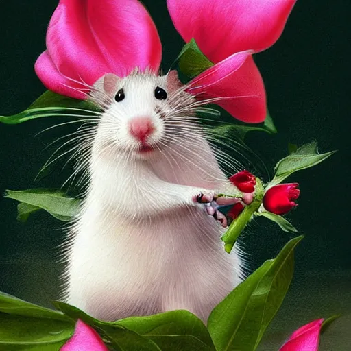 Image similar to photo realistic white rat holding a flower cinematic composition, hyper realism, cute