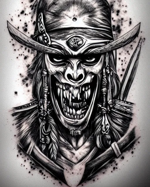 Image similar to pirate ship on a deserted island blended with a warrior warrior face, realism tattoo drawing, hyper realistic, shaded