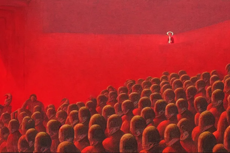 Image similar to only with red, a red great emperor, taormina amphitheatre, expressive crowd with big smile, in the style of beksinski, parts by edward hopper, parts by rodcenko, parts by yue minjun, intricate and epic composition, red by caravaggio, insanely quality, highly detailed, masterpiece, red light, artstation, 4 k