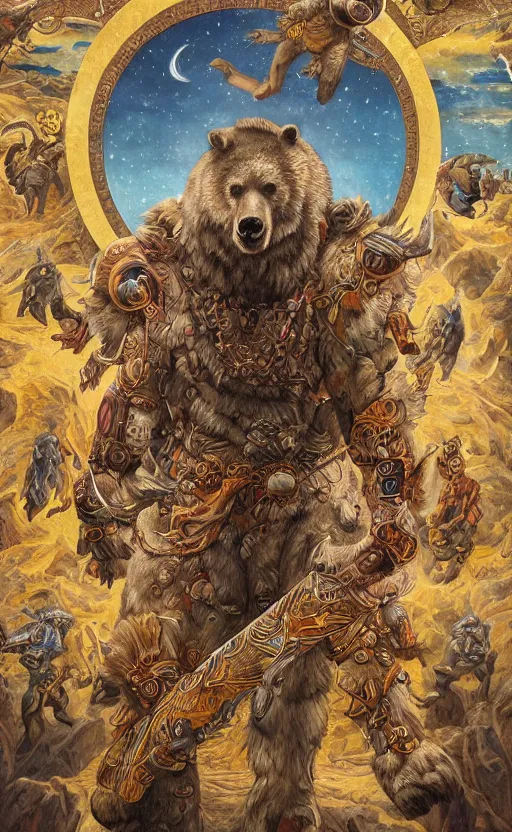 Image similar to mural of a bear beast-man, sci fi weapon, royal ornaments, reaching towards the heavens, sci fi world, holy imagery, highly detailed, beautiful colors, renaissance mural, mural in the style of sandro boticceli, sandro boticceli