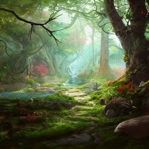 Prompt: a DND fairy forest, made by Stanley Artgerm Lau, WLOP, Rossdraws, ArtStation, CGSociety, concept art, cgsociety, octane render, trending on artstation, artstationHD, artstationHQ, unreal engine, 4k, 8k,