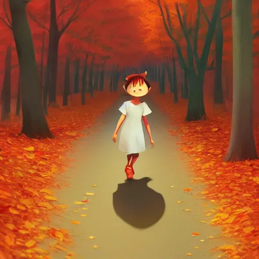 Image similar to goro fujita ilustration a beautiful little girl smiling, walking calmly through an autumn forest, characterized by samantha mash, character art, sharp focus, highly detailed, artstation