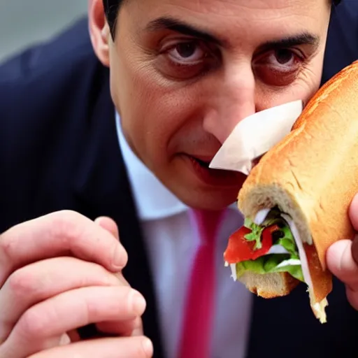 Prompt: Ed Miliband rubbing a sandwich on his face. Photo courtesy of BBC