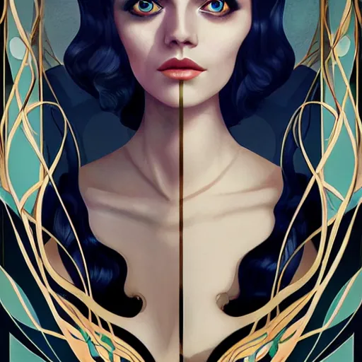 Image similar to an art nouveau, ( streamline moderne ), multi - racial portrait in the style of anna dittmann and charlie bowater and loish. very large, clear, expressive, and intelligent eyes. symmetrical, centered, ultrasharp focus, dramatic lighting, photorealistic digital matte painting, intricate ultra detailed background.