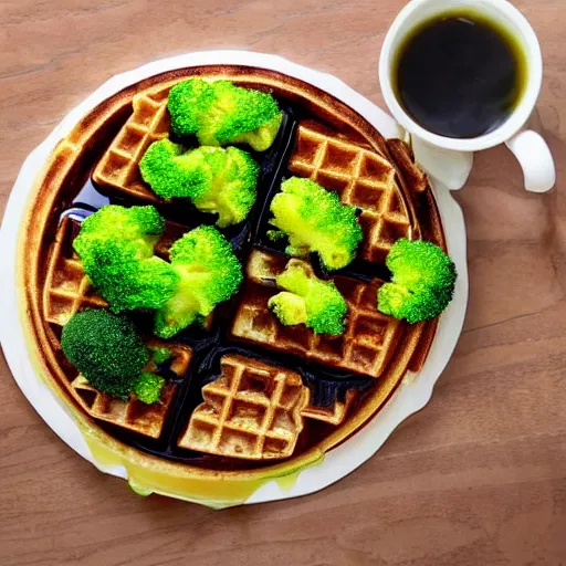 Image similar to promotional shot of a waffle with broccoli, blood cream and oysters,