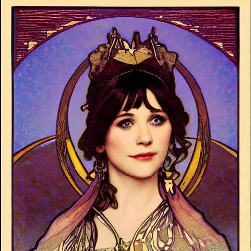 Image similar to zooey deschanel portrait by louis - theophile hingre and alphonse mucha, realistic, sharp focus, zodiac signs, tarot cards, planets, ethereal, art nouveau, magic, moon, sun, crown, dreamy, royal, jewellery