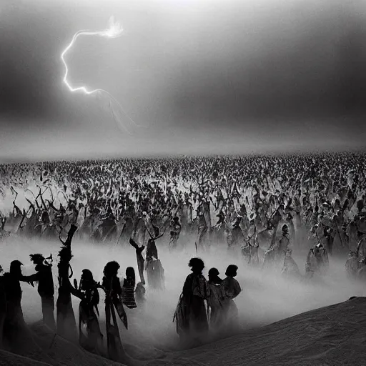 Prompt: an indigenous crowd of shamans guiding spiritual healers through sandstorm, snake feathered quetzalcoatl flying in the sky, sebastiao salgado