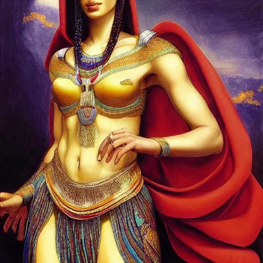 Prompt: Full body oil painting of the beautiful goddess Gal Gadot as Cleopatra, she is wearing egyptian clothes and a surreal jewelry, her hair is natural disheveled, she is approaching heaven over the clouds, Anubis is behind her, naturalism, dramatic lighting, high-detailed oil painting by Ilya Repin, Michelangelo da Caravaggio, William Blake, Alex Grey and Beksinski, trending on Artsation, hystorical painting, naturalism, masterpiece, 4k, 8k,