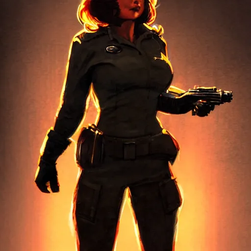 Image similar to fallout 5, concept art brunette rugged authoritarian female enclave officer portrait, concept art, comicstyle, atmospheric lighting, painted, intricate, volumetric lighting, beautiful, rich deep colors masterpiece, sharp focus, ultra detailed by jack kirby, ignacio fernandez rios, thierry doizon