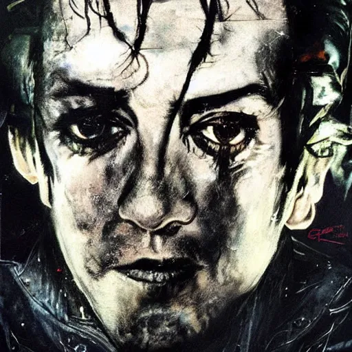 Image similar to stunning portrait of gaunt joe strummer a ( the cure fan ) as dream from sandman, dim stars as eyes, by jeremy mann, by cedric peyravernay, by by russ mills, by richard avedon and ben templesmith, dramatic lightning, sadness, dark eye sockets, in the shadows, punk rock, gothic, high detailed, 8 k