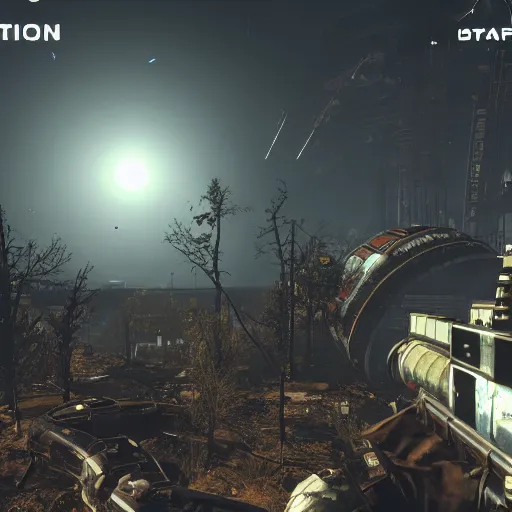 Image similar to the international space station in ruins post - nuclear war in fallout 4, in game screenshot