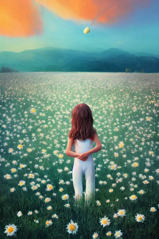 Image similar to giant white daisies flower as head, girl ballet in a flower field, surreal photography, sunrise, dramatic light, impressionist painting, colorful clouds, digital painting, artstation, simon stalenhag