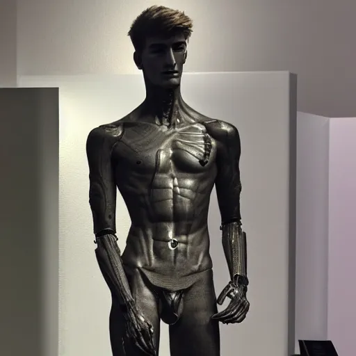 Image similar to a realistic detailed photo of a guy who is an attractive humanoid who is half robot and half humanoid, who is a male android, twitch streamer ninja tyler blevins, shiny skin, posing like a statue, blank stare, at the museum, on display