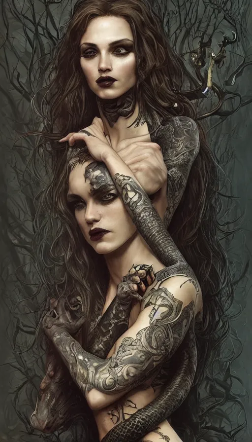 Image similar to portrait of slim snake tamer, with a big snake tattoo around his body, mischievous, expressive pose, peaceful expression, dark gothic dress, fantasy, intricate, dark forest background, highly detailed, digital painting, artstation, concept art, smooth, sharp focus, illustration, art by artgerm and greg rutkowski and alphonse mucha