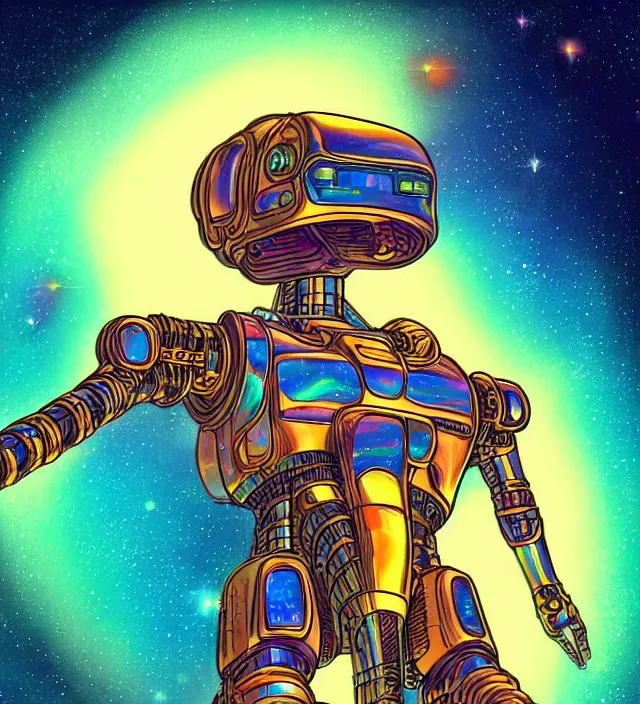 Prompt: a portrait of a mecha dragon in a iridescent intricate spacesuit, galactic landscape, space travel, lens flare,, digital art, 4 k, golden synthwave color palette, vintage sci - fi soft grainy, inspired moebius, inspired by tim white, in the style of studio ghibli