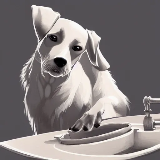 Image similar to a dog washing dishes, elegant, intricate, highly detailed, digital painting, artstation, concept art, sharp focus, illustration, 8 k