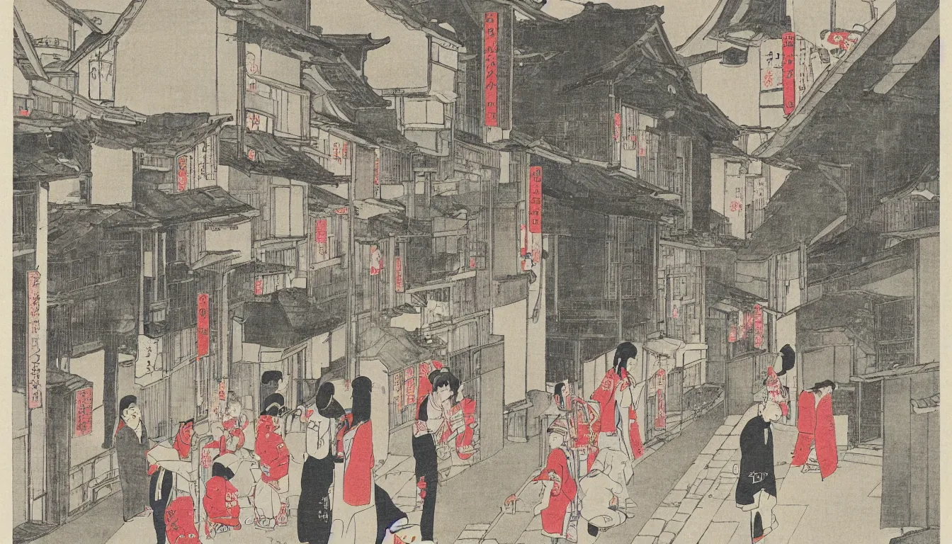 Prompt: ido period street, japanese illustration