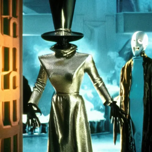 Prompt: movie still, grace jones wearing an tin man suit in bill & ted's excellent adventure, eldritch horror edition, realistic, 8 k