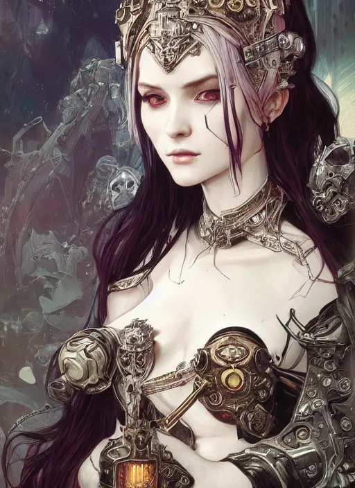 Image similar to portrait of beautiful pale gothic maiden, warhammer 40000, cyberpunk, intricate, elegant, highly detailed, digital painting, artstation, concept art, smooth, sharp focus, illustration, art by artgerm and greg rutkowski and alphonse mucha and Gustav Klimt and Ilya Kuvshinov