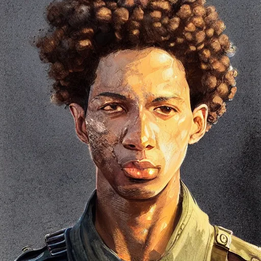 Prompt: Portrait of a man by Greg Rutkowski, he is about 20 years old, black, french, short curly hair, young, manly, attractive, strong, joking and friendly attitude, brother vibes, he is wearing futuristic military fatigues, highly detailed portrait, scifi, digital painting, artstation, concept art, smooth, sharp foccus ilustration, Artstation HQ