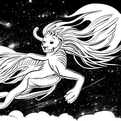 Prompt: angelic lioness flying in outer space, black and white ink on paper, thick outlines, 8k high quality detailed art, trending on art station, super wide angel, manga art, by Eiichiro Oda