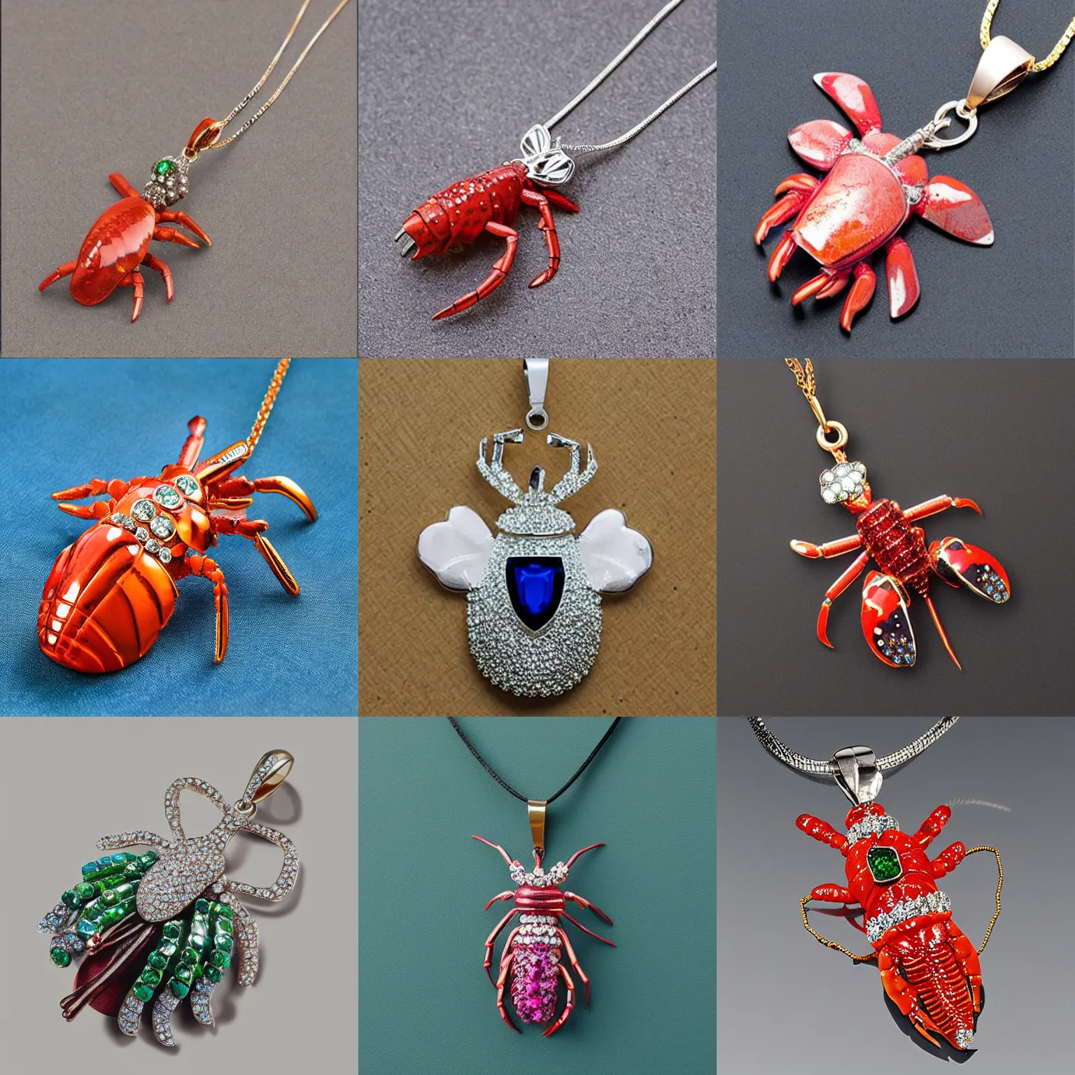 Prompt: “lobster shaped pendant made of crystals and gems”