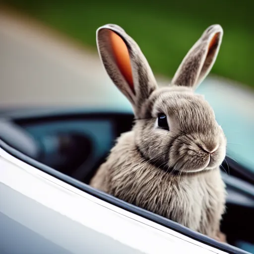 Image similar to a cute bunny driving a convertible, studio photo, high quality