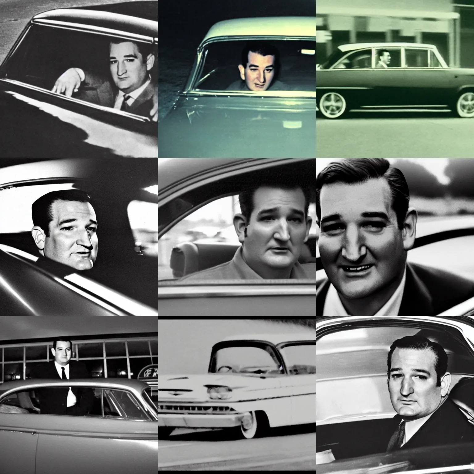 Prompt: Film still of Ted Cruz in a 1960's car late at night, barely visible, horror, eerie